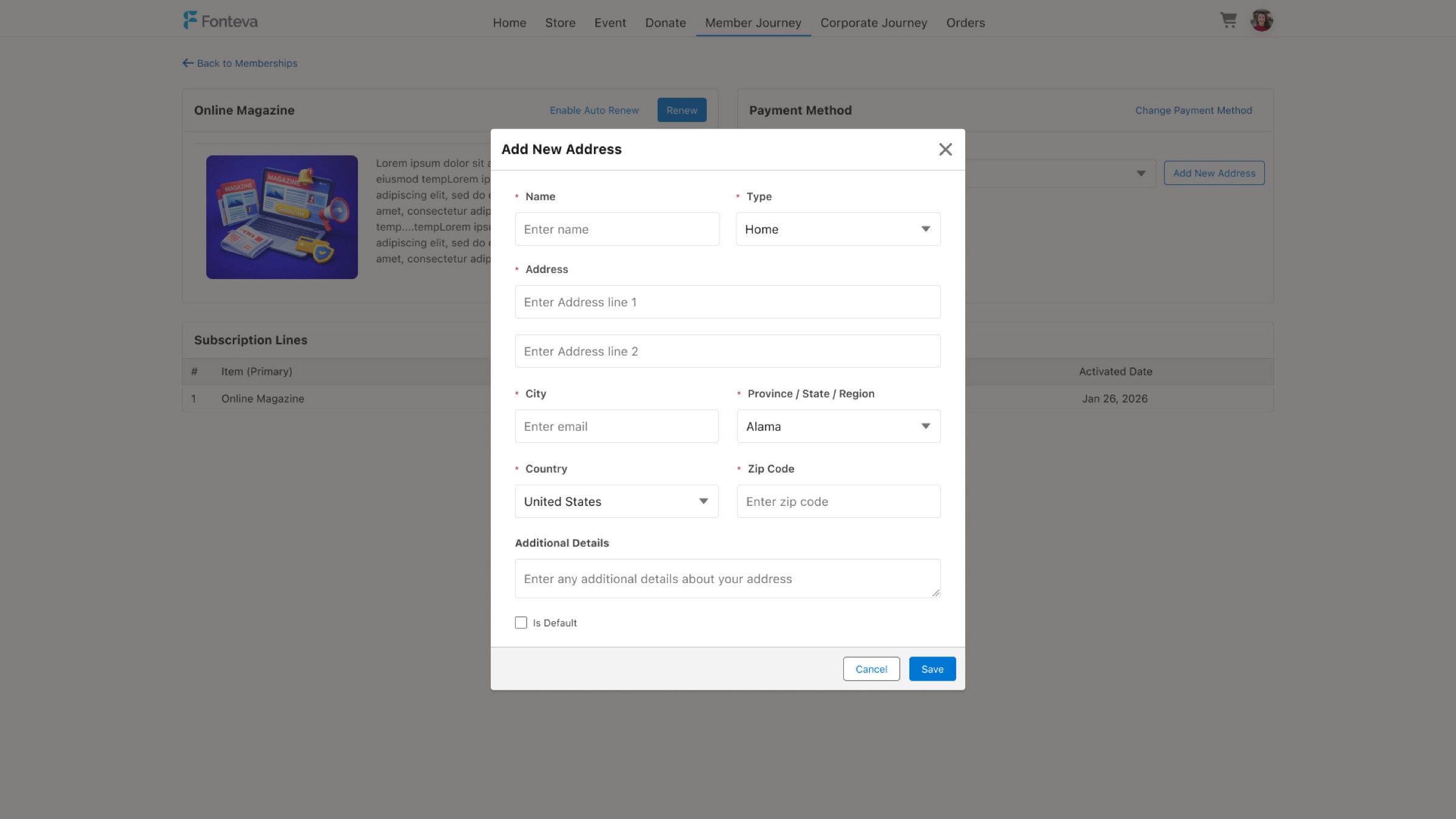 Adding a new address in a modal, keeping the user in the subscription details context